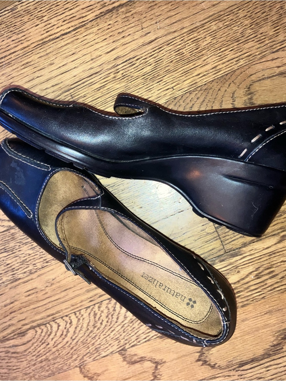 Black Mary Jane Wedge Heel w/ white stitching